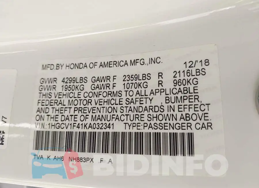 1HGCV1F41KA032341 Photo# 9