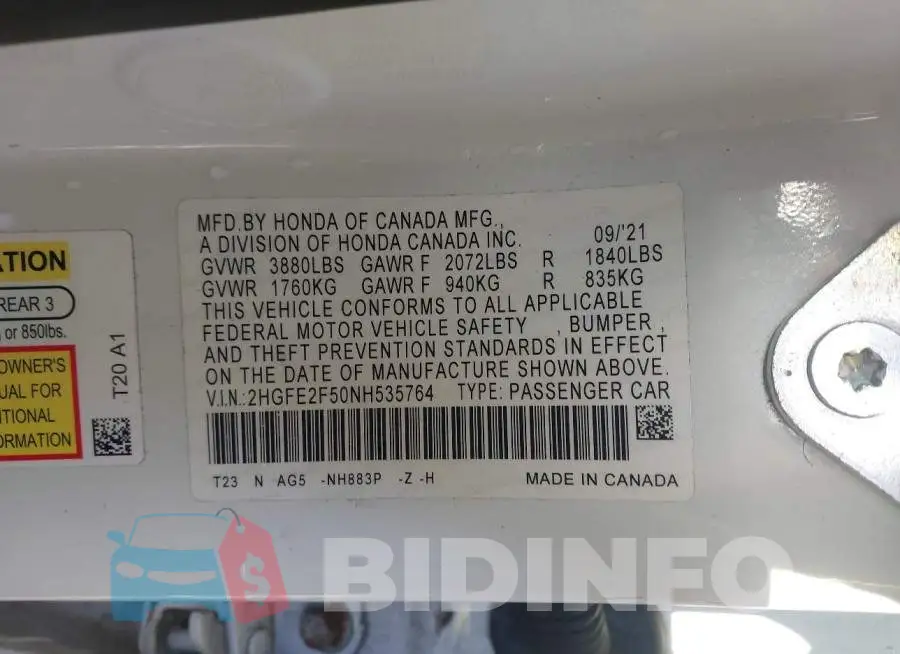 2HGFE2F50NH535764 Photo# 9