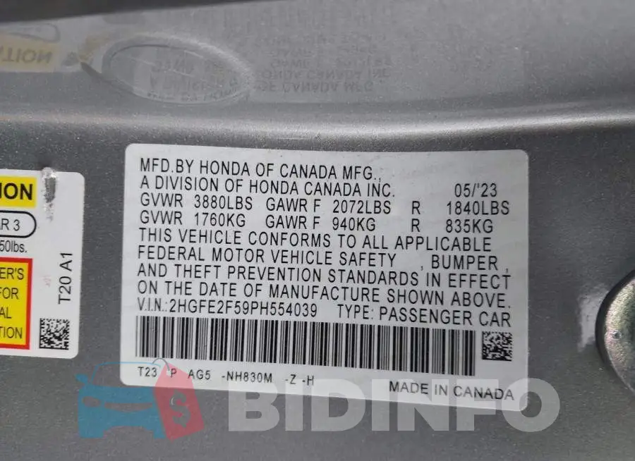2HGFE2F59PH554039 Photo# 9