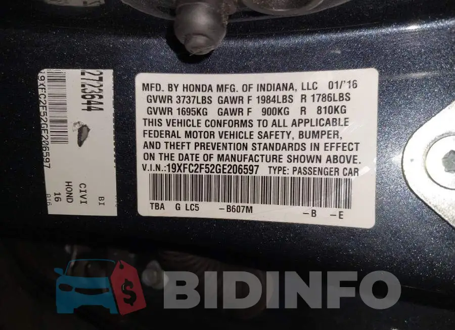 19XFC2F52GE206597 Photo# 9