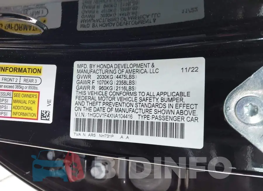 1HGCV1F4XNA104416 Photo# 9