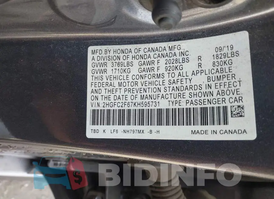 2HGFC2F67KH595731 Photo# 9