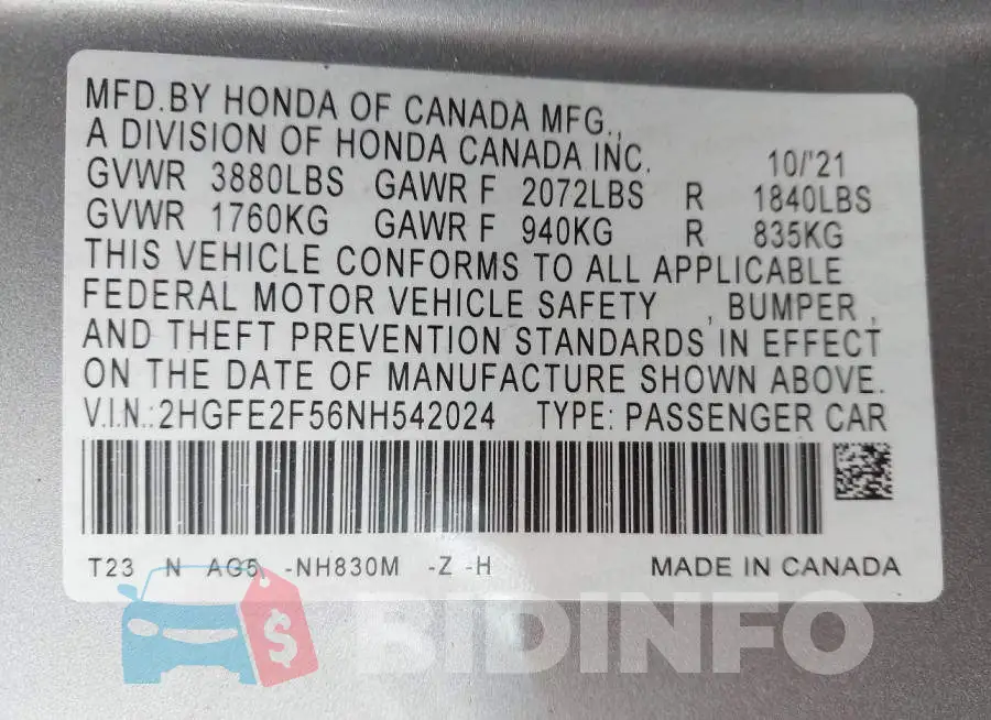 2HGFE2F56NH542024 Photo# 9