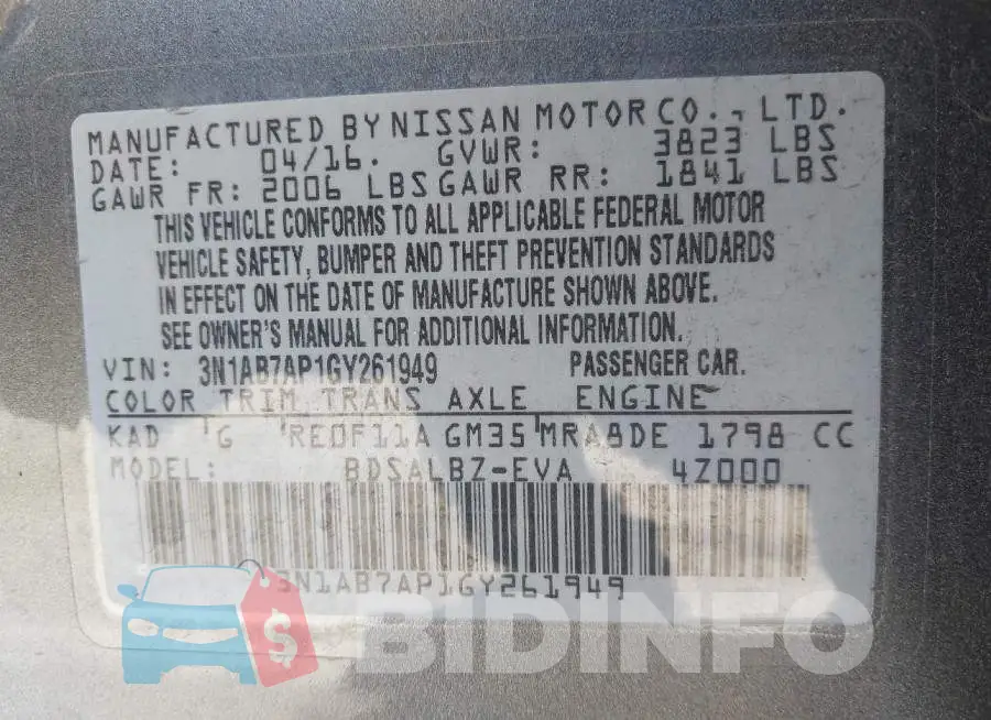 3N1AB7AP1GY261949 Photo# 9