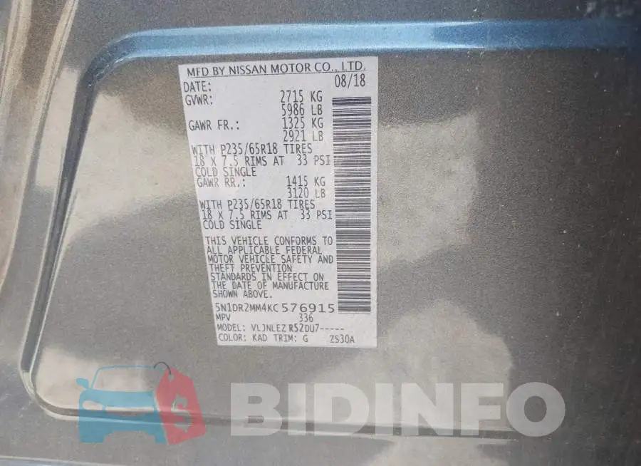 5N1DR2MM4KC576915 Photo# 9