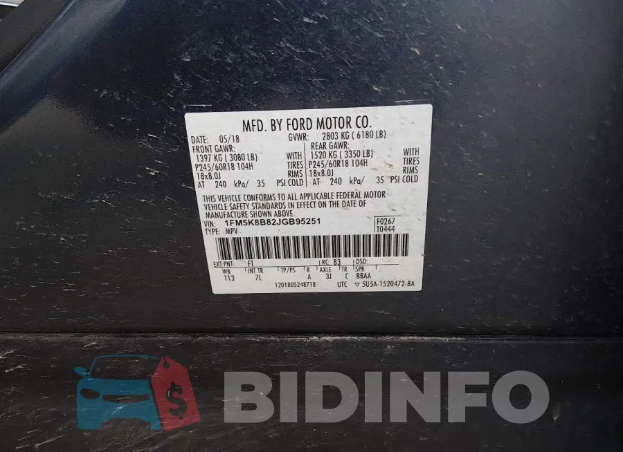 1FM5K8B82JGB95251 Photo# 9
