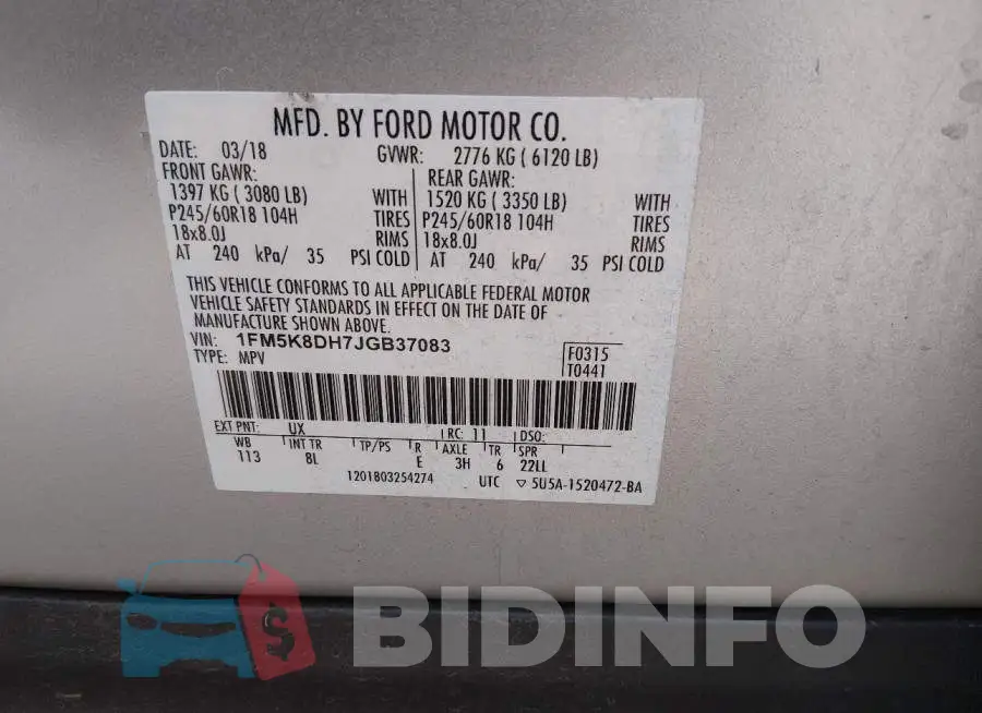 1FM5K8DH7JGB37083 Photo# 9