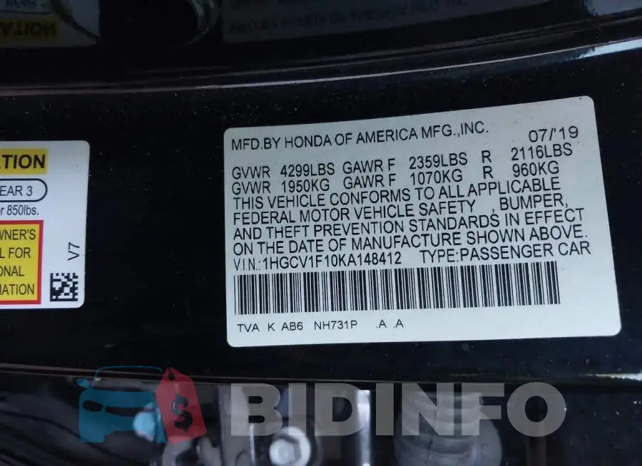 1HGCV1F10KA148412 Photo# 9