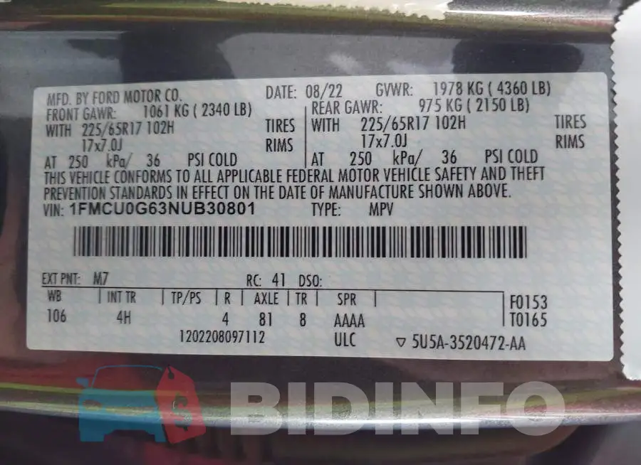1FMCU0G63NUB30801 Photo# 9