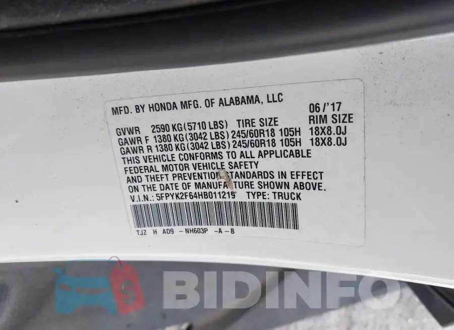 5FPYK2F64HB011219 Photo# 9