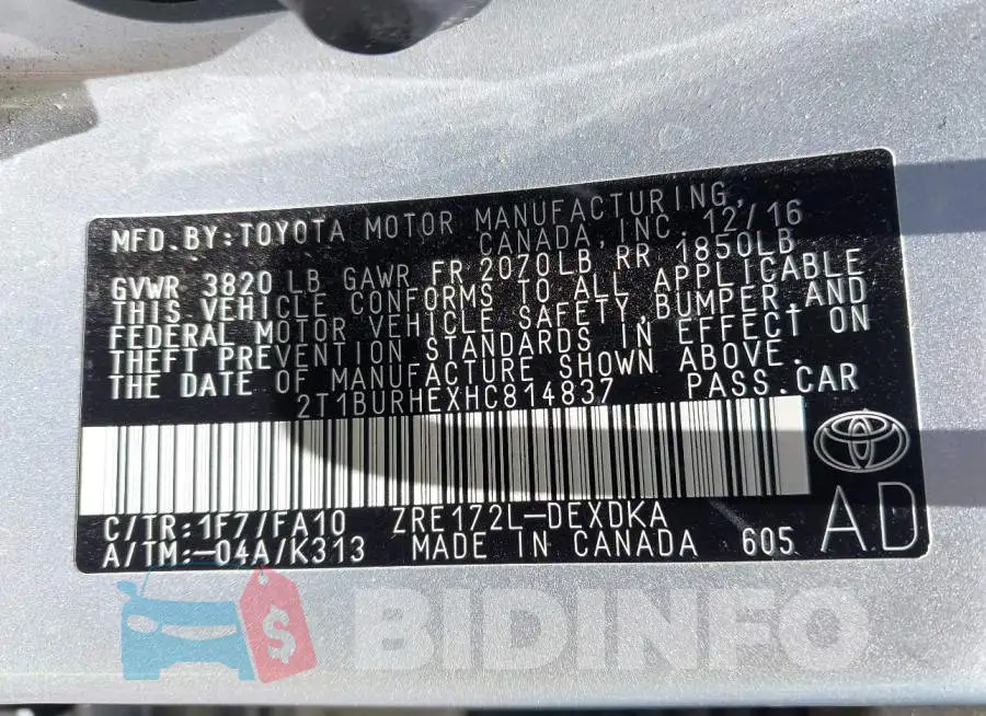 2T1BURHEXHC814837 Photo# 9