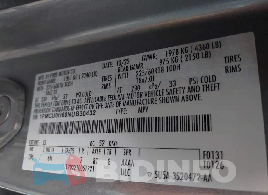 1FMCU0H60NUB30432 Photo# 9
