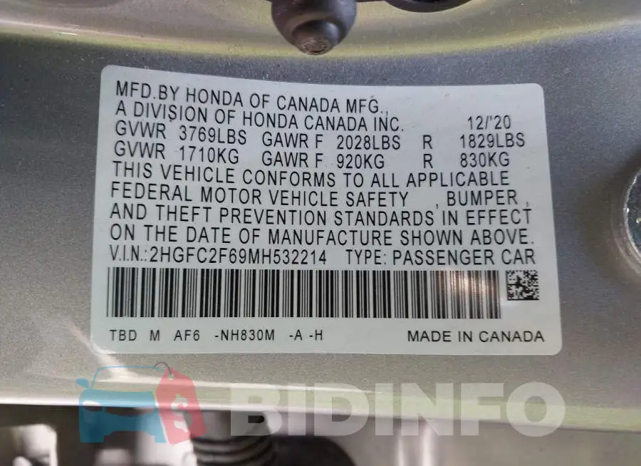 2HGFC2F69MH532214 Photo# 9
