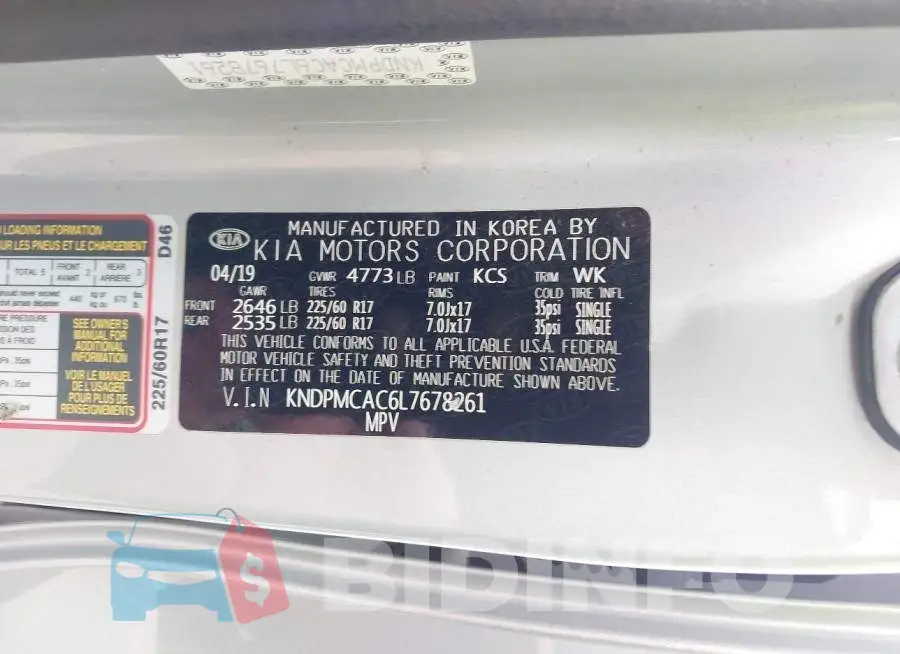 KNDPMCAC6L7678261 Photo# 9