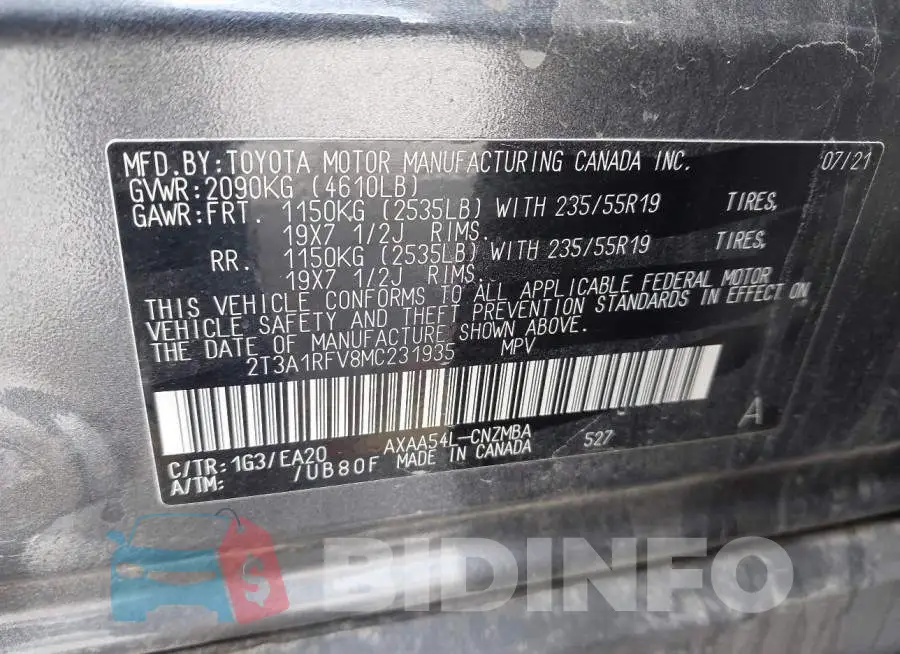 2T3A1RFV8MC231935 Photo# 9