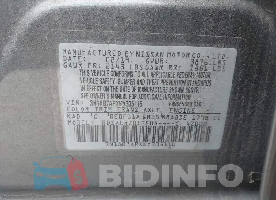 3N1AB7APXKY305116 Photo# 9