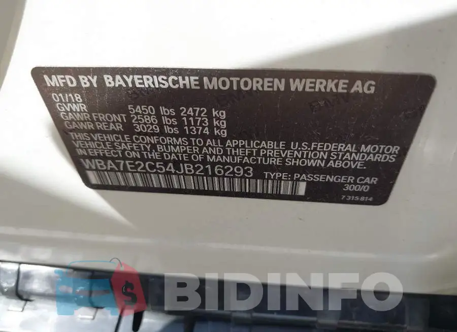 WBA7E2C54JB216293 Photo# 9