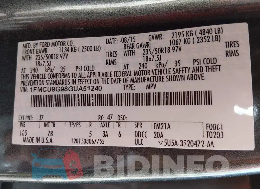 1FMCU9G98GUA51240 Photo# 9