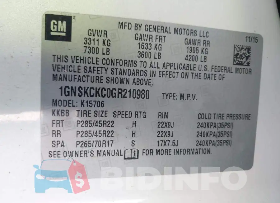 1GNSKCKC0GR210980 Photo# 9