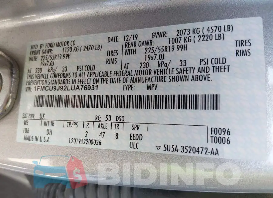 1FMCU9J92LUA76931 Photo# 9