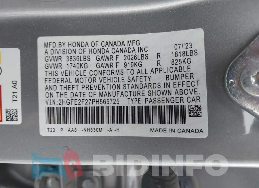 2HGFE2F27PH565725 Photo# 9