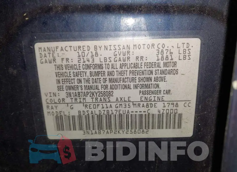 3N1AB7AP2KY258082 Photo# 9