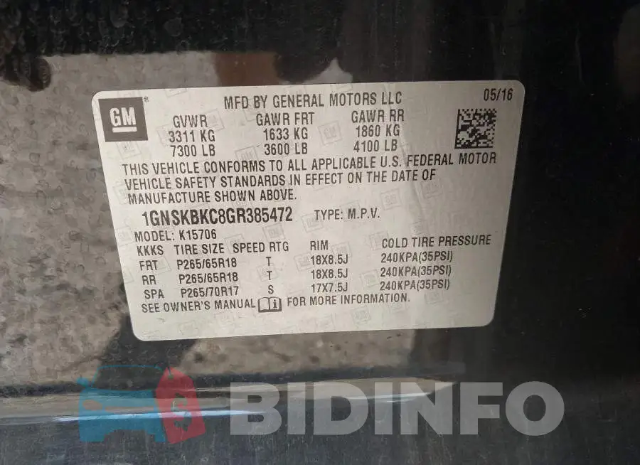 1GNSKBKC8GR385472 Photo# 9