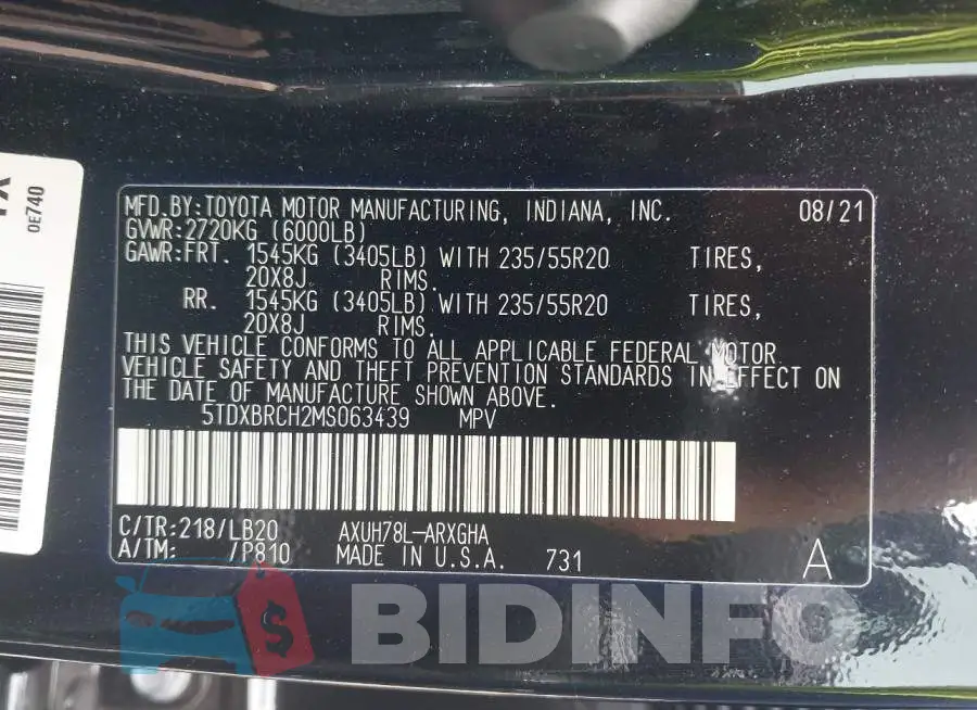 5TDXBRCH2MS063439 Photo# 9