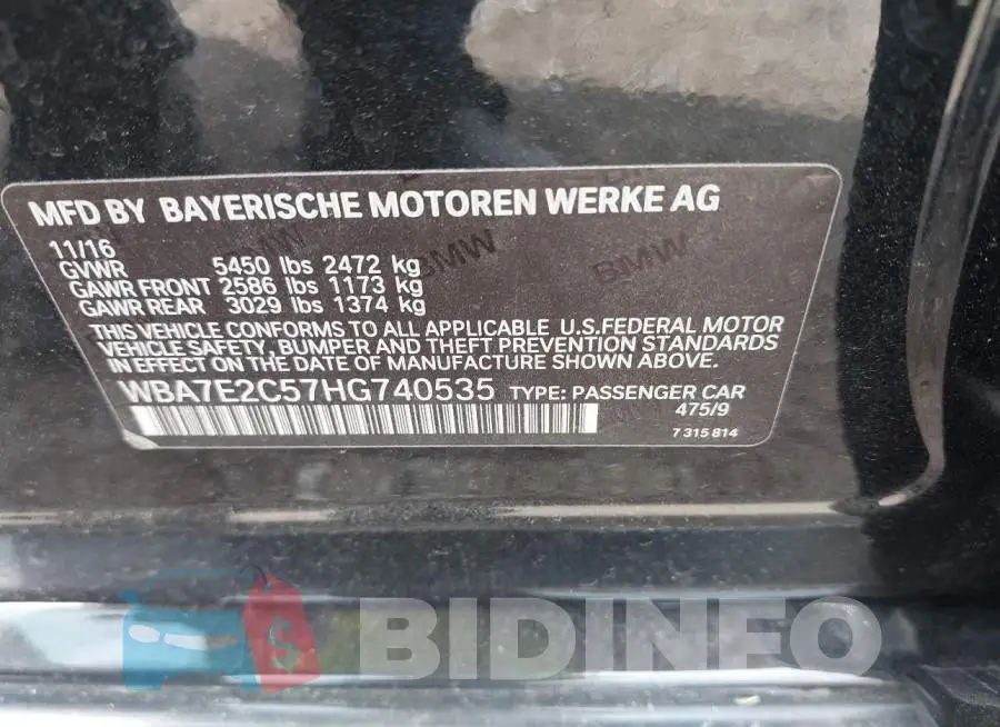 WBA7E2C57HG740535 Photo# 9