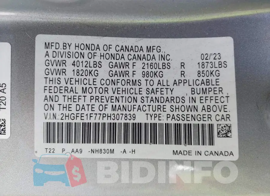 2HGFE1F77PH307839 Photo# 9