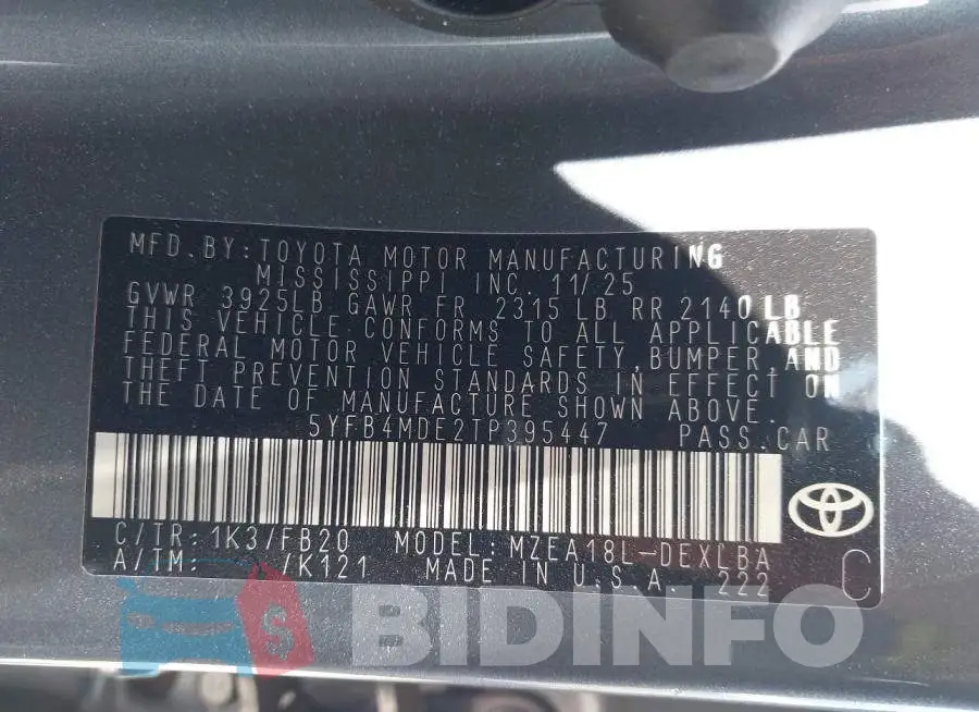 5YFB4MDE2TP395447 Photo# 9