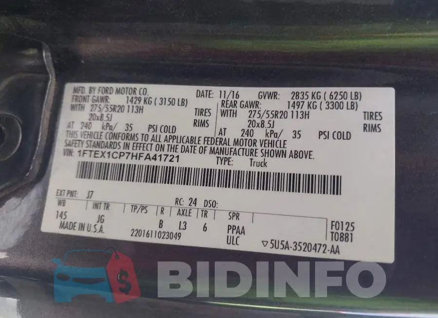 1FTEX1CP7HFA41721 Photo# 9