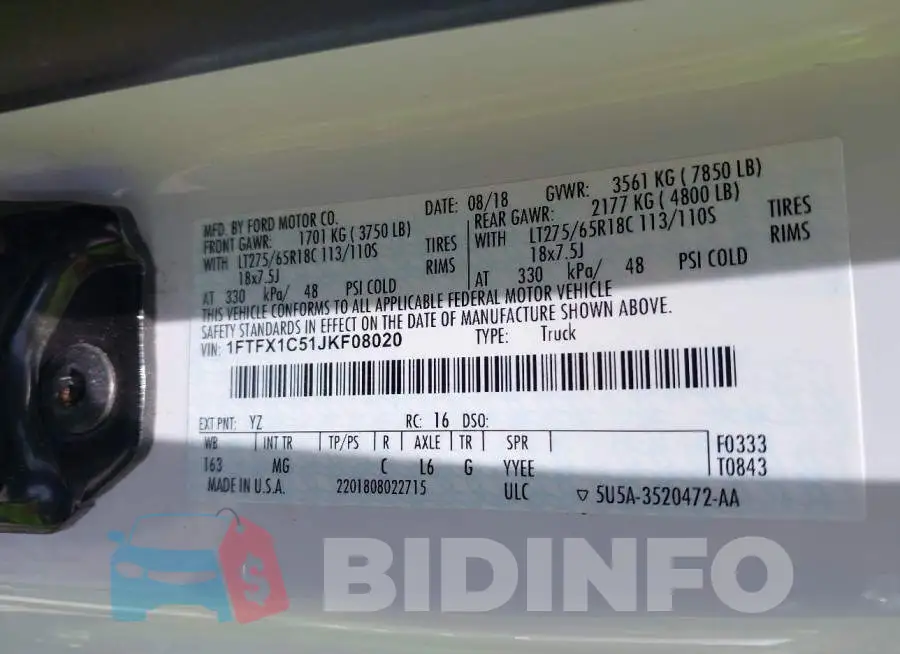 1FTFX1C51JKF08020 Photo# 9