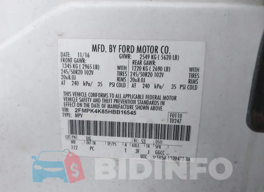 2FMPK4K85HBB16545 Photo# 9