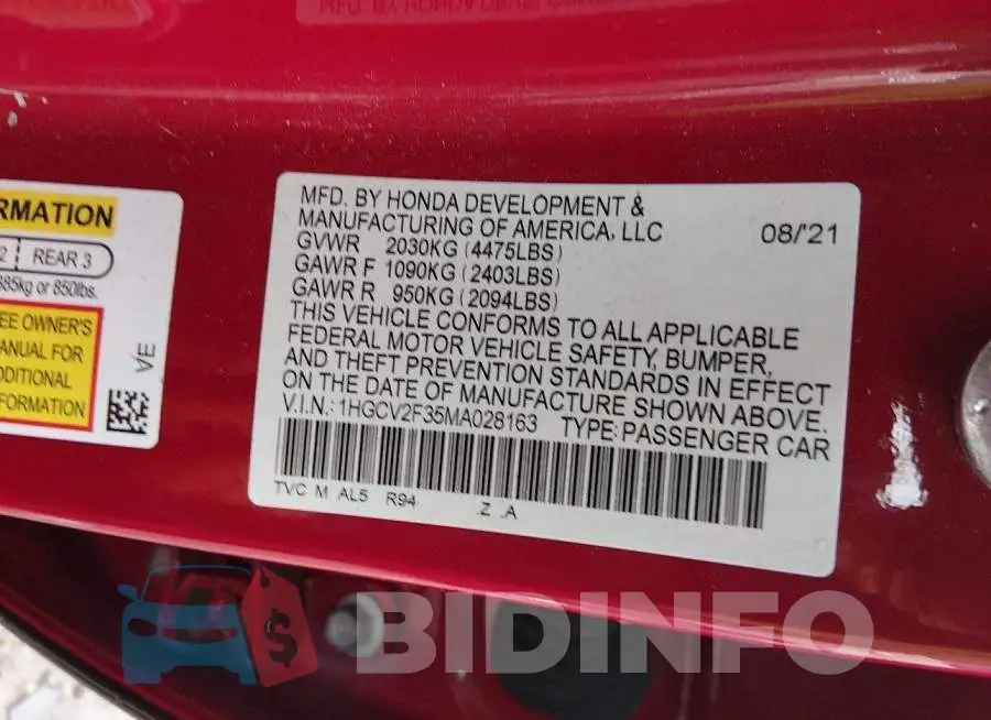 1HGCV2F35MA028163 Photo# 9