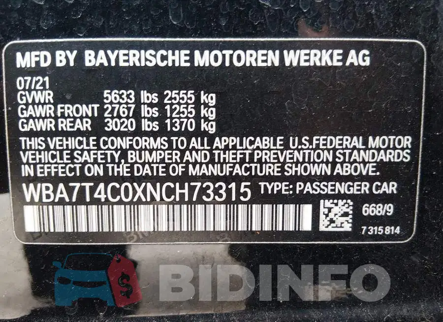 WBA7T4C0XNCH73315 Photo# 9