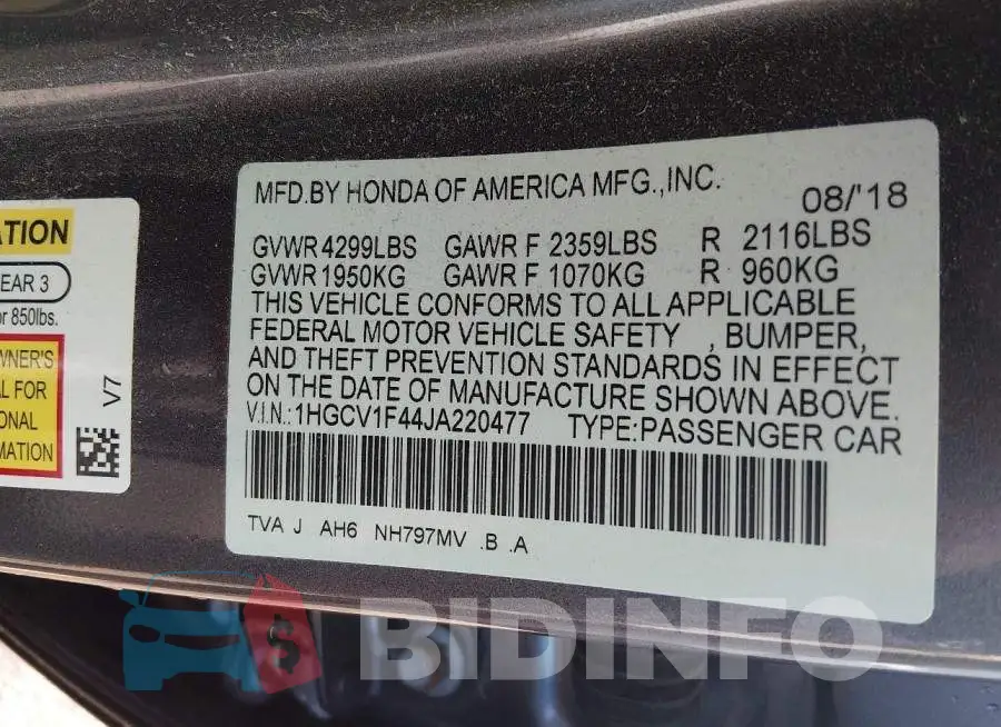 1HGCV1F44JA220477 Photo# 9