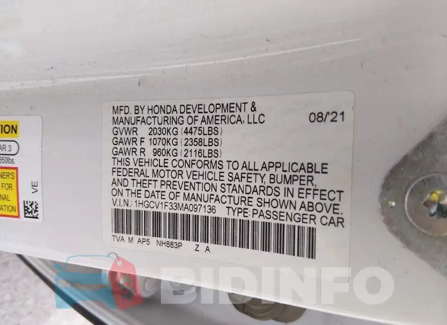 1HGCV1F33MA097136 Photo# 9