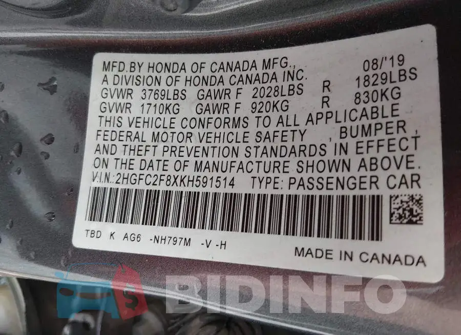 2HGFC2F8XKH591514 Photo# 9