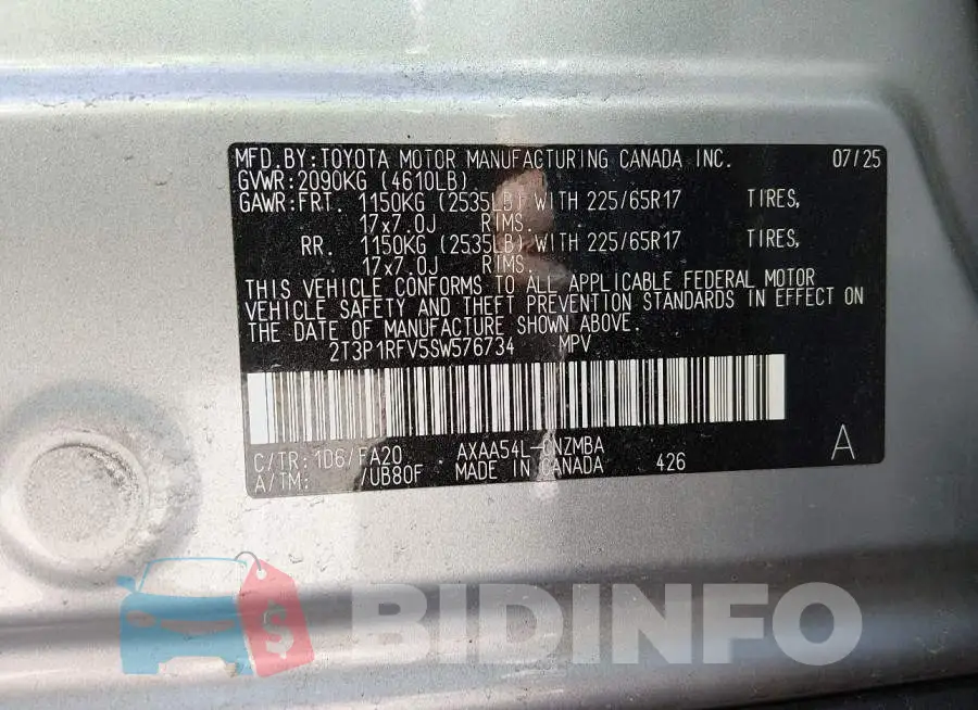 2T3P1RFV5SW576734 Photo# 9