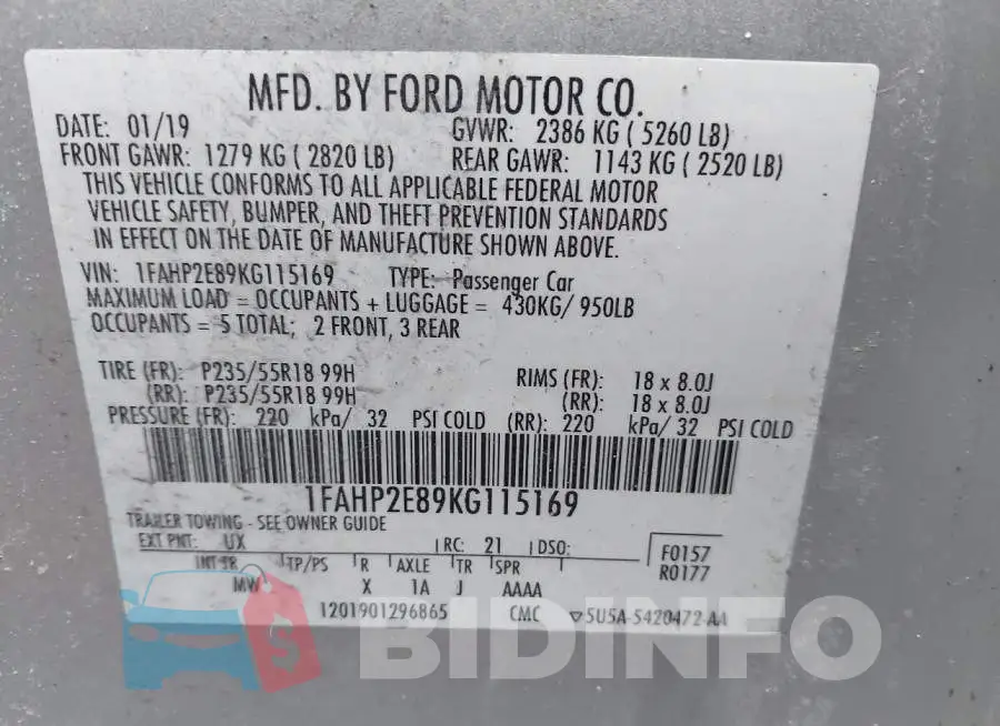 1FAHP2E89KG115169 Photo# 9