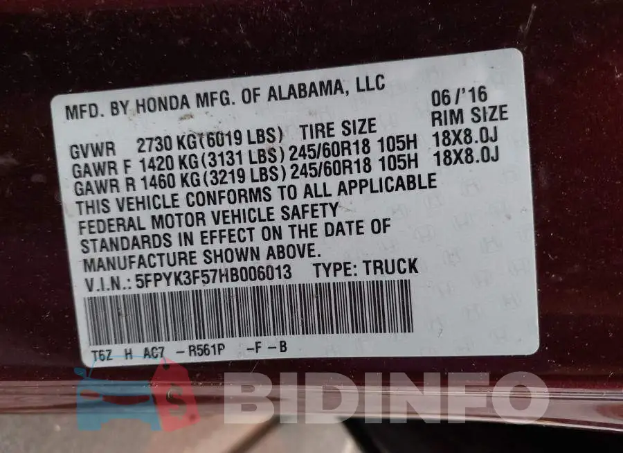 5FPYK3F57HB006013 Photo# 9
