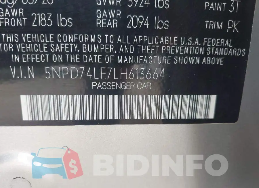 5NPD74LF7LH613664 Photo# 9