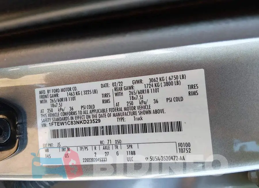 1FTEW1C83NKD23529 Photo# 9