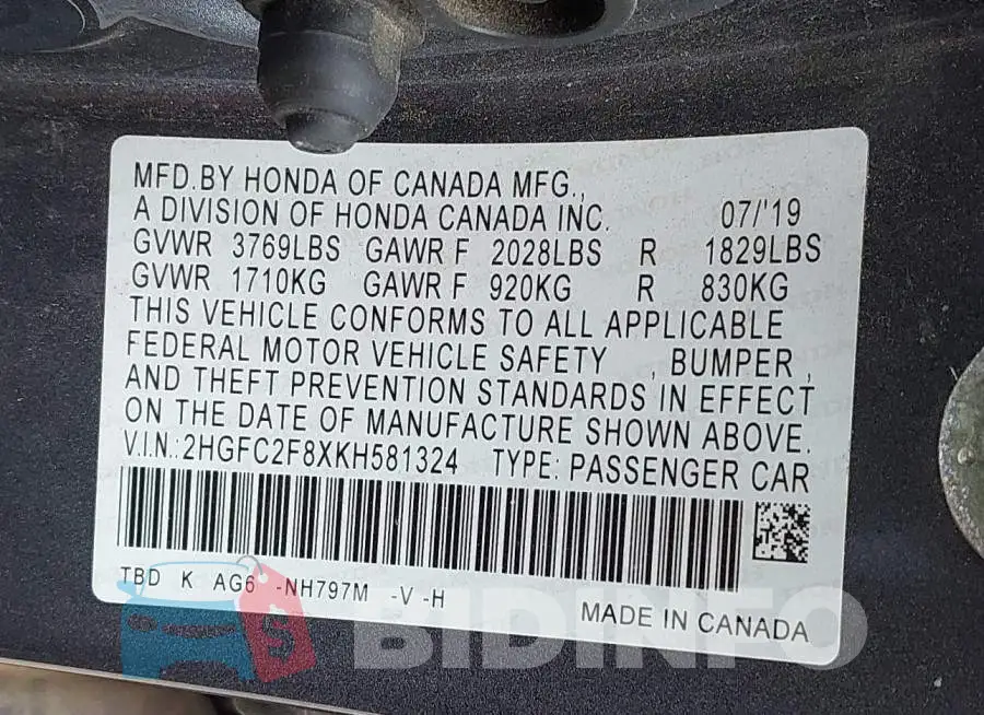 2HGFC2F8XKH581324 Photo# 9