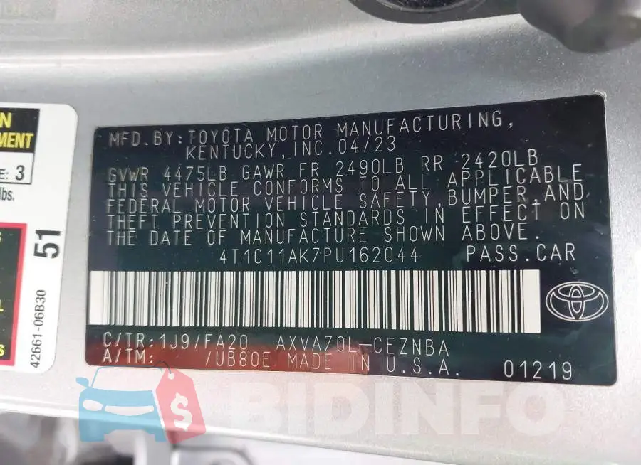 4T1C11AK7PU162044 Photo# 9