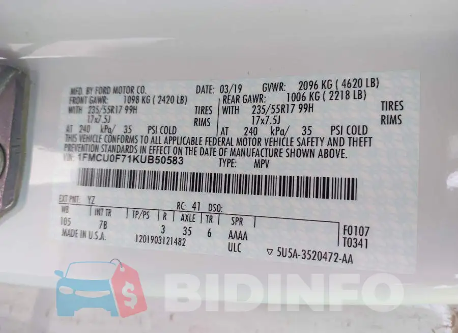 1FMCU0F71KUB50583 Photo# 9