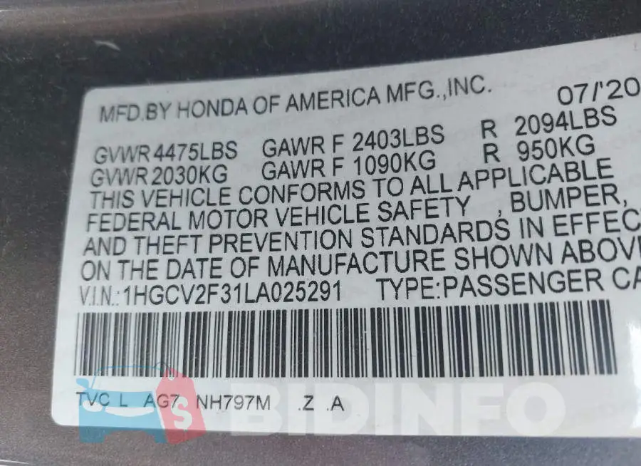 1HGCV2F31LA025291 Photo# 9