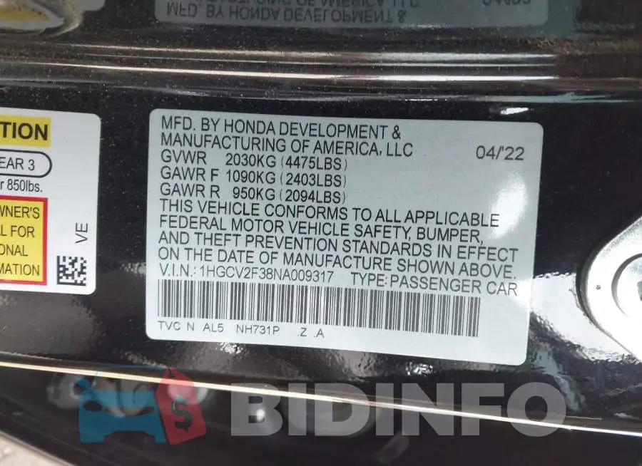 1HGCV2F38NA009317 Photo# 9