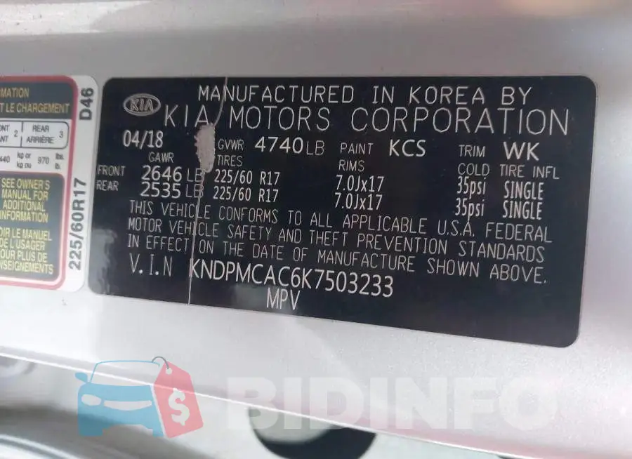 KNDPMCAC6K7503233 Photo# 9